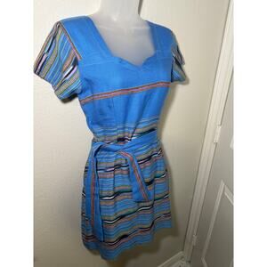 Handmade Vintage Blue Dress - Attached Belt - Size Modern Small